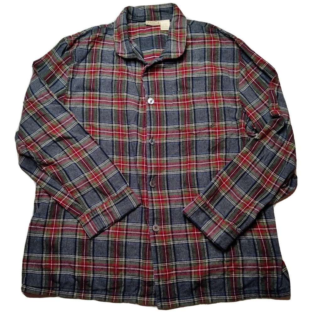 L.L. BEAN Men Size XL REG Red Gray Plaid Cotton Cozy Flannel Sleep Shirt